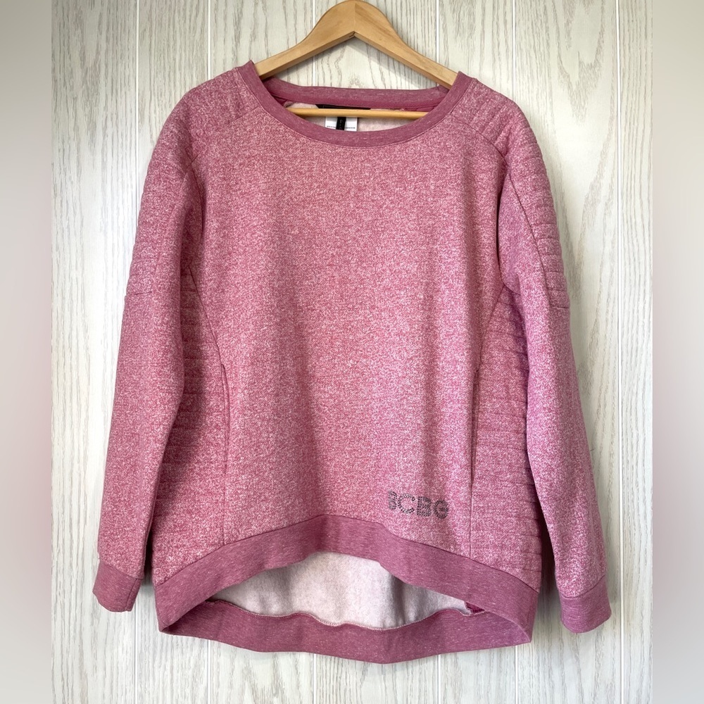 BCBG MaxAzria Sweatshirt Logo Quilted Long Sleeve Hi-Low Hem Marled Pink L
